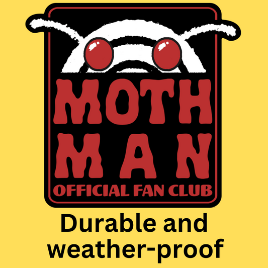 Vinyl sticker featuring Mothman Official Fan Club logo with red glowing eyes and 'MOTH MAN' text on black background