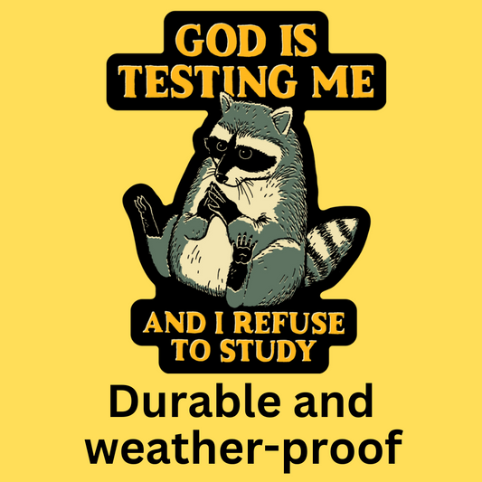 Vinyl sticker featuring a smirking raccoon with 'God Is Testing Me' and 'And I Refuse To Study' text on yellow background.