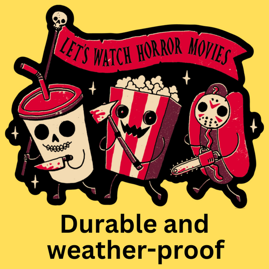 Vinyl sticker featuring horror movie characters with skull cup, popcorn box, and Jason-inspired figure in red and cream