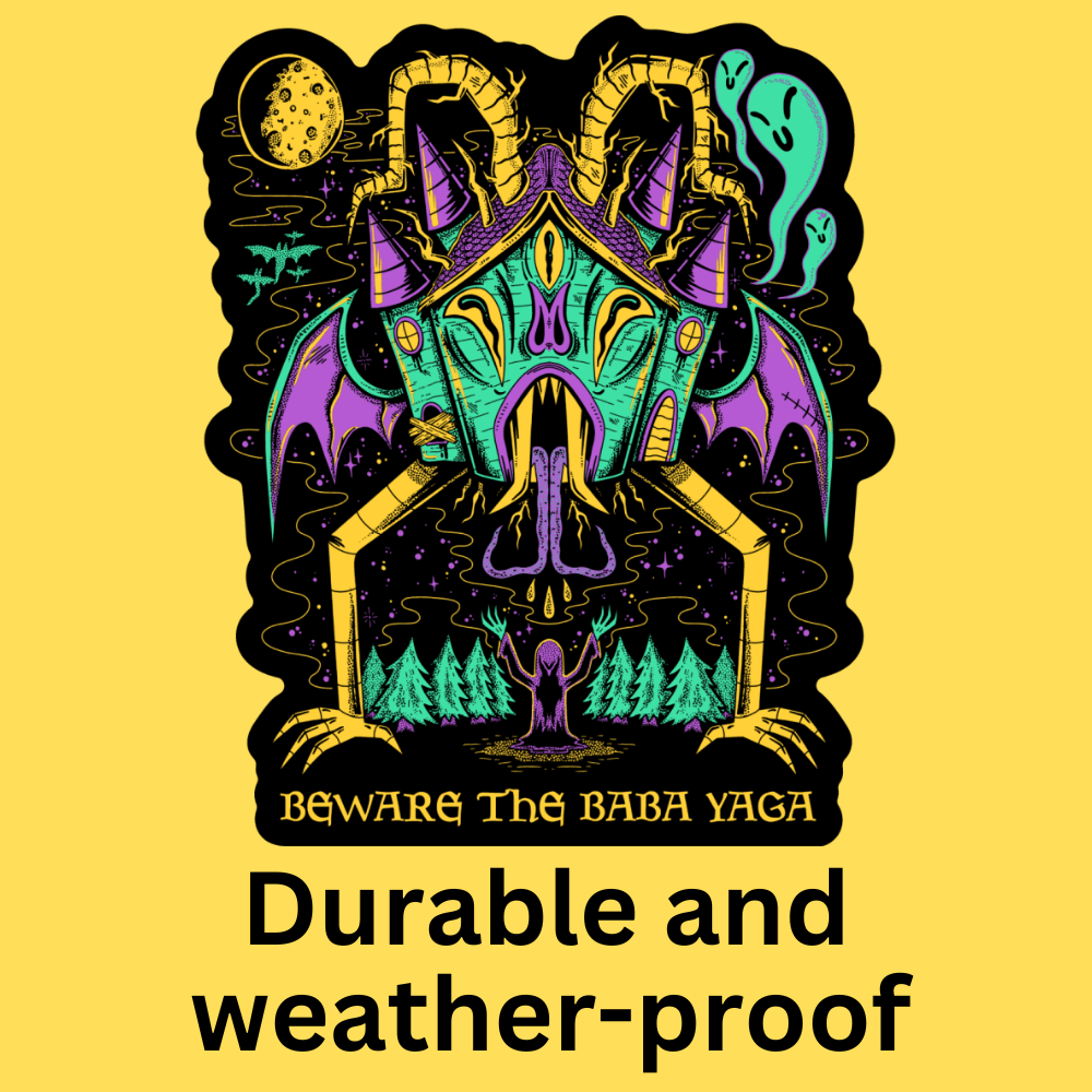 Vinyl sticker featuring colorful illustration of Baba Yaga creature with horns and mystical forest scene. Text reads 'Beware