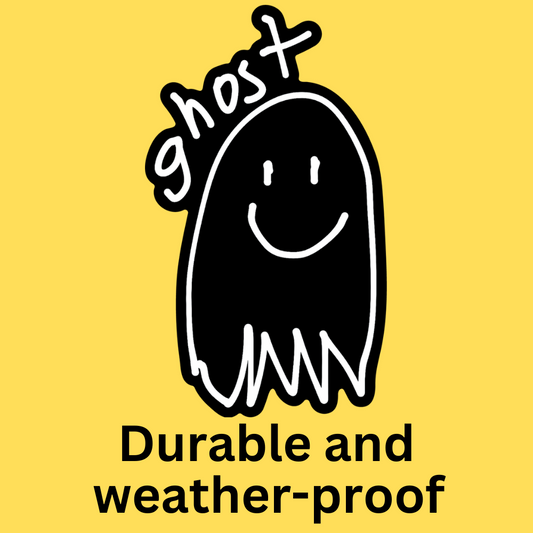 Vinyl sticker featuring smiling ghost with 'ghost' text and cross, yellow background, durable weatherproof design