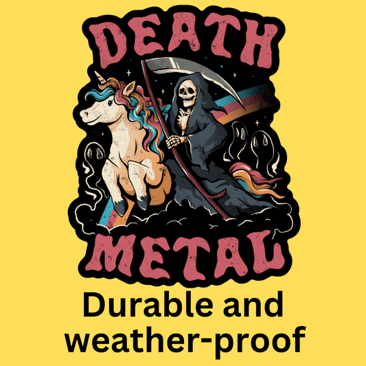 Vinyl sticker featuring Grim Reaper riding a colorful unicorn with 'Death Metal' text on yellow background, durable and