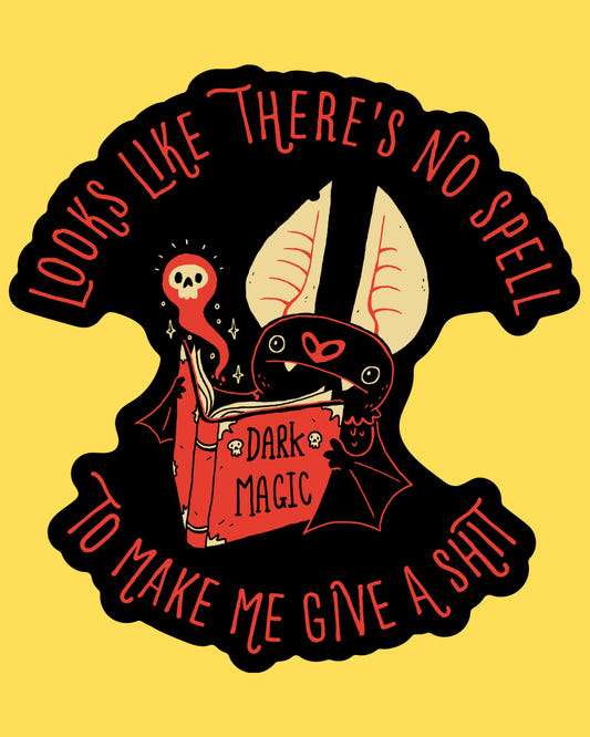 Vinyl sticker featuring a bat reading a dark magic spellbook, no spell to make me give a shit, gothic cartoon style
