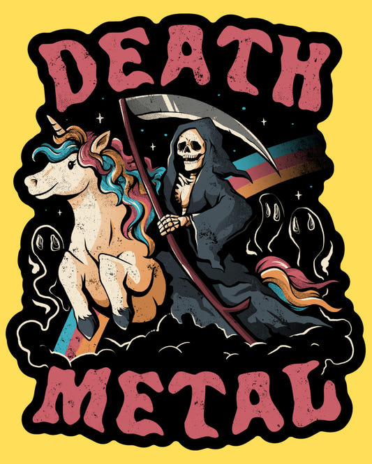 Bumper sticker featuring the Grim Reaper riding a rainbow unicorn with Death Metal text, dark humor style