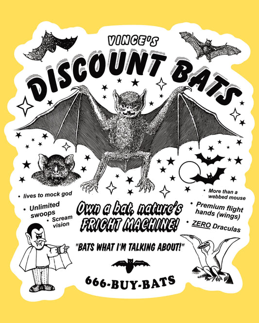 Vinyl sticker featuring a vintage newspaper ad for Vince's Discount Bats with flying bats and Dracula, retro print style