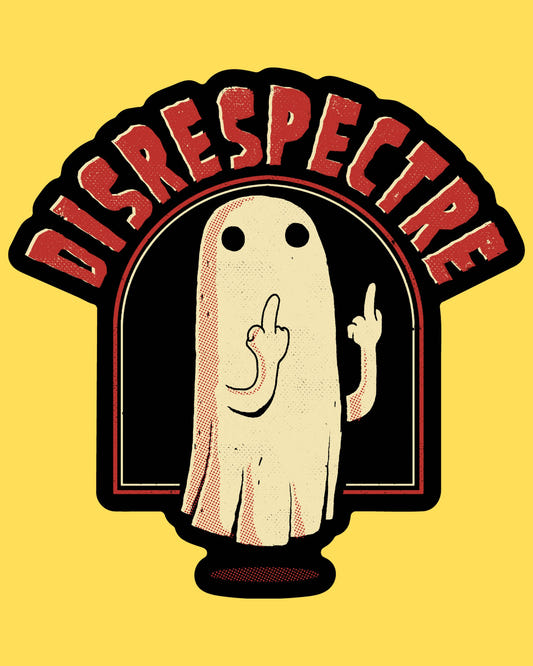 Vinyl sticker featuring a sheet ghost flipping double middle fingers, captioned Disrespectre, vintage horror cartoon style
