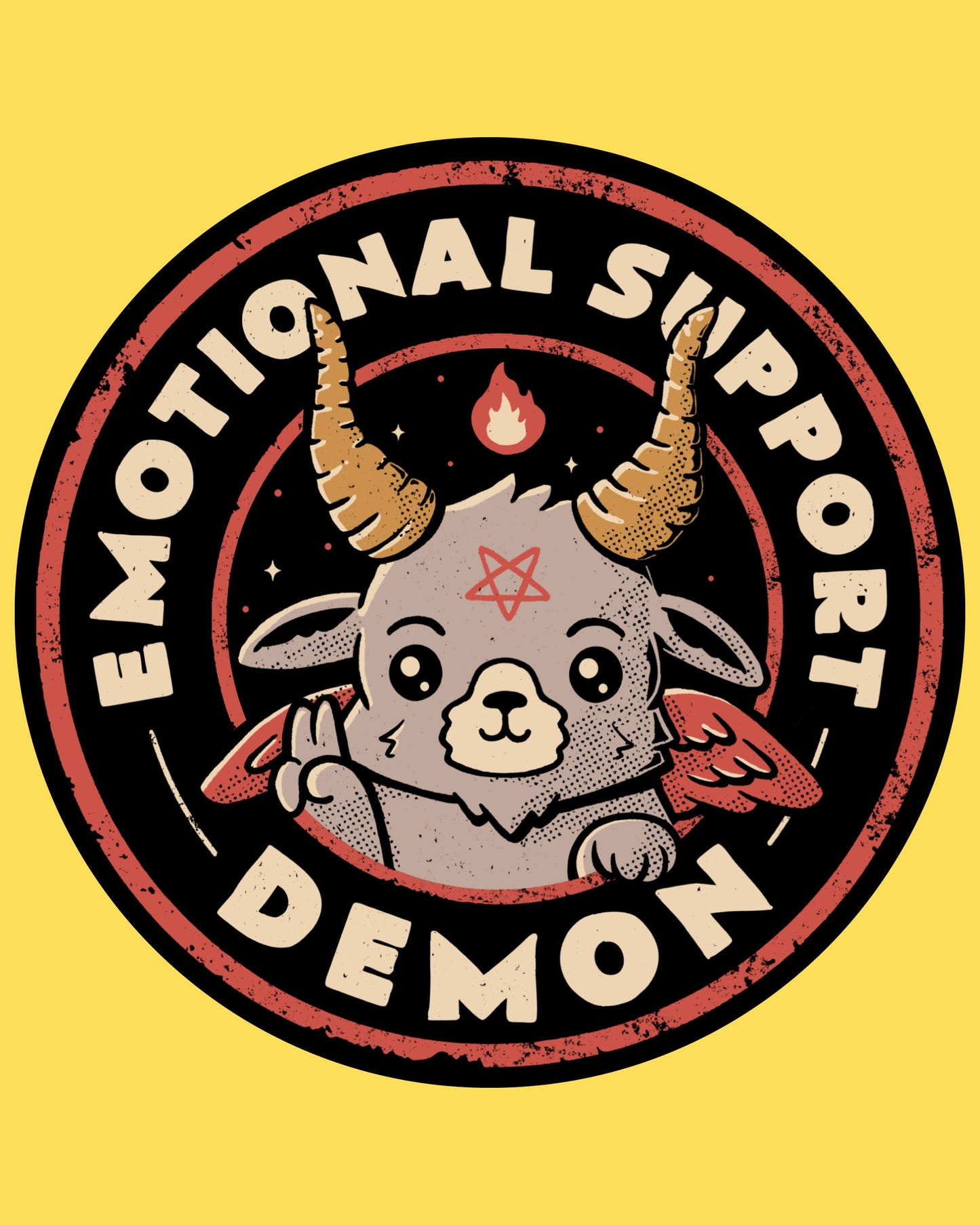 Vinyl sticker featuring a cute baby Baphomet in a circular Emotional Support Demon badge, kawaii goth style