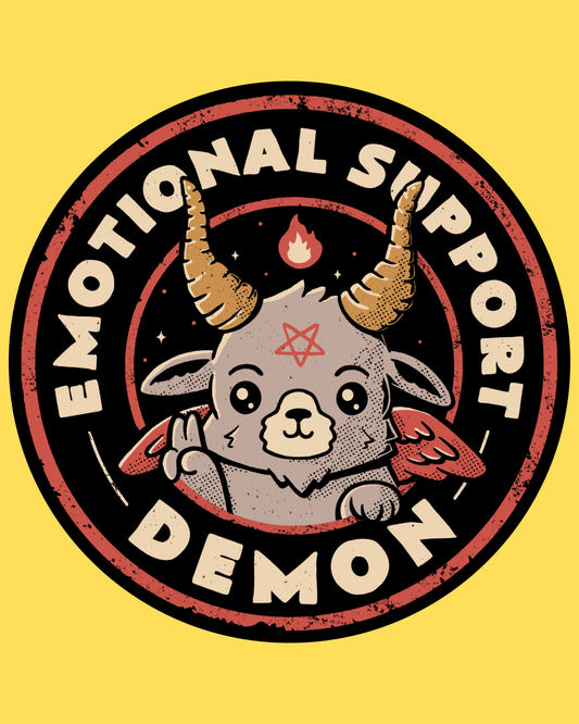 Vinyl sticker featuring a cute baby Baphomet in a circular Emotional Support Demon badge, kawaii goth style