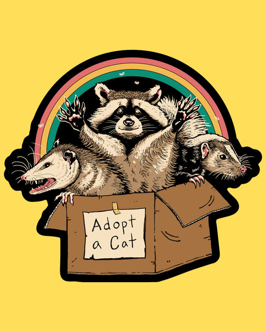 Vinyl sticker featuring a raccoon and two opossums in an Adopt a Cat box under a rainbow, funny trash animal style