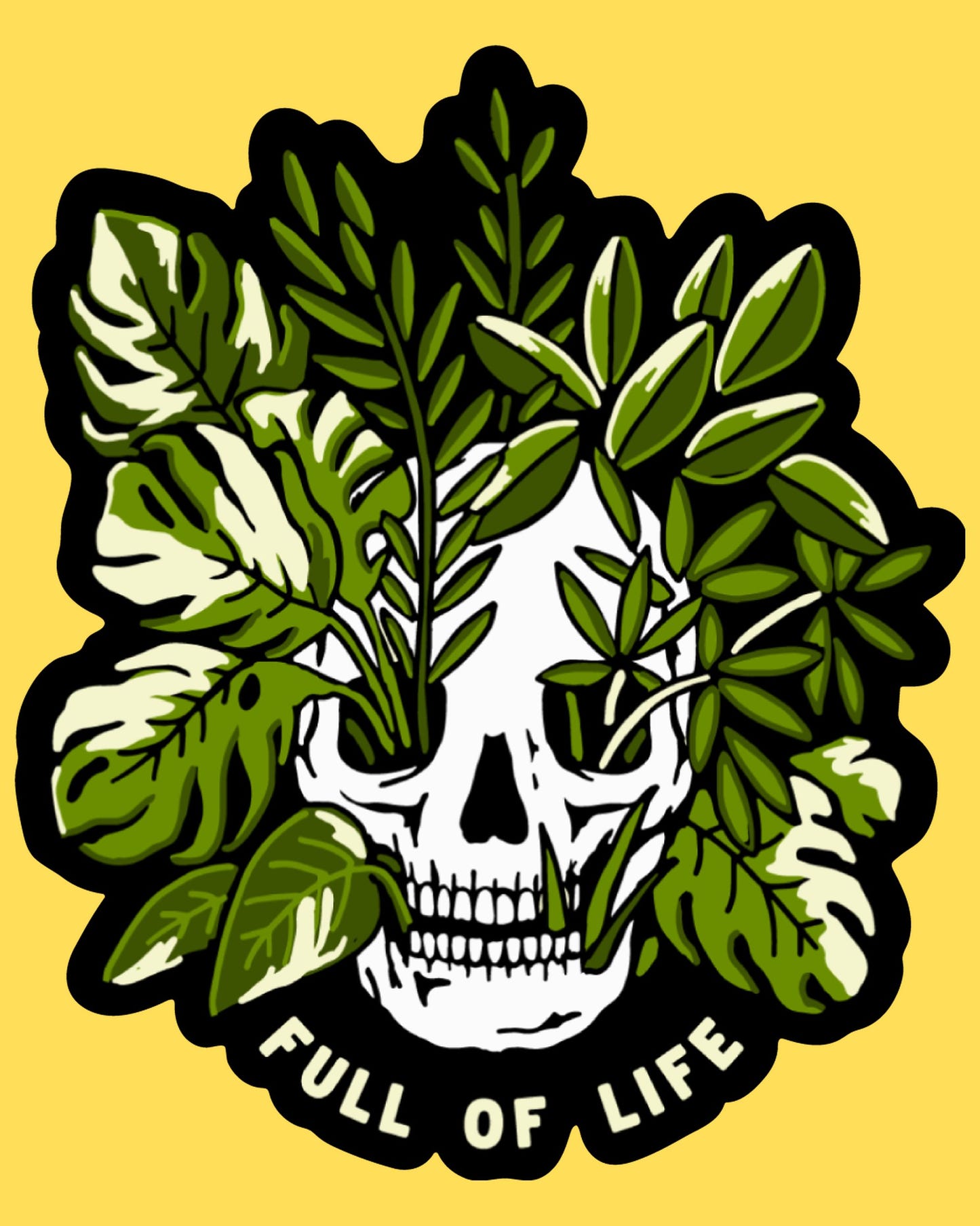 Vinyl sticker featuring a white skull overgrown with lush green houseplants and Full of Life text, dark botanical style