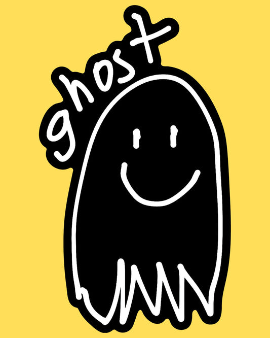 Vinyl sticker featuring a wobbly hand-drawn smiling ghost doodle labeled ghost, minimalist black and white sketch style