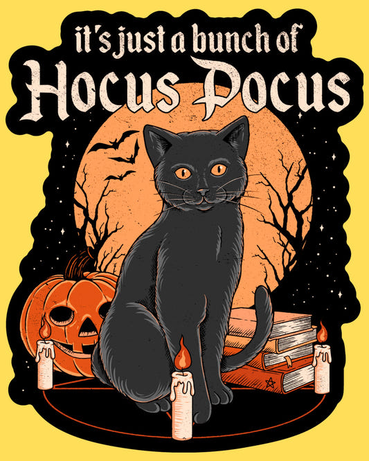 Vinyl sticker featuring a black cat with pumpkins, candles and spellbooks under a full moon, vintage Halloween style