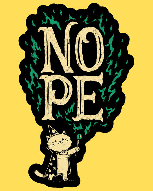 Vinyl sticker featuring a wizard cat casting NOPE in green flames, funny fantasy style