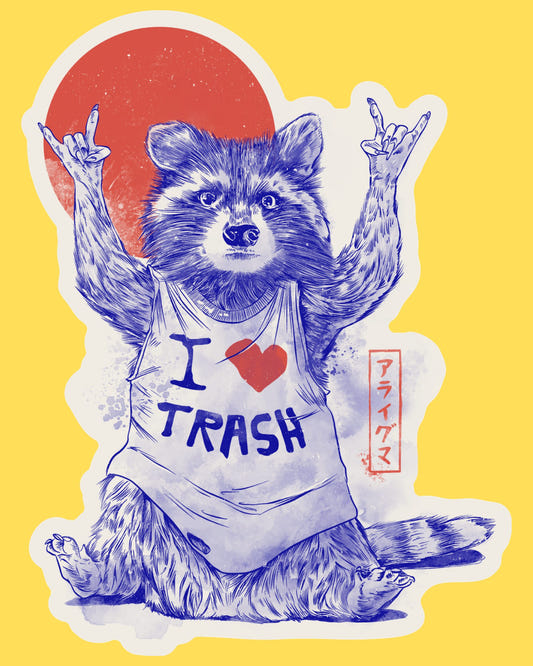 Vinyl sticker featuring a raccoon in an I Heart Trash tank top throwing rock-on hands before a red sun, sketchy ink style