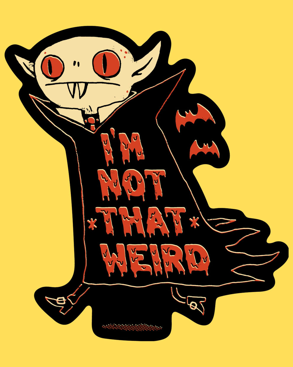 Vinyl sticker featuring a cartoon vampire in a bat-winged cape, captioned I'm not that weird, retro horror cartoon style