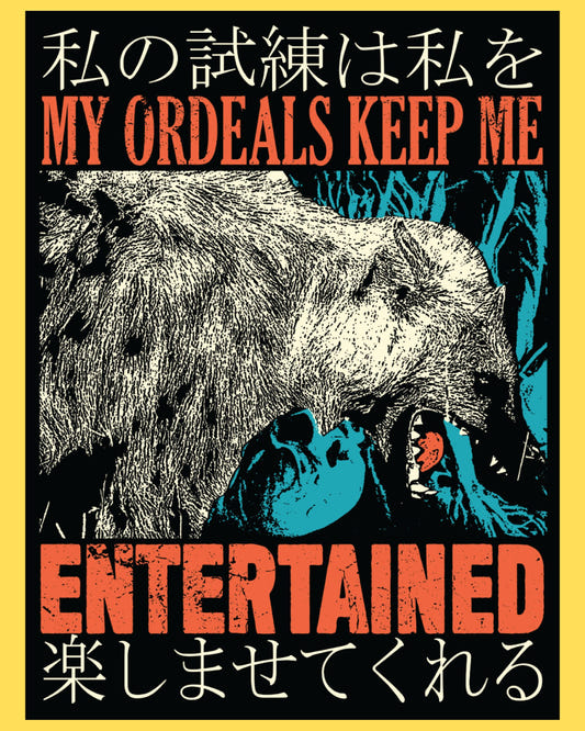Vinyl sticker featuring a laughing hyena over a skull with 'My ordeals keep me entertained', red and teal horror poster style