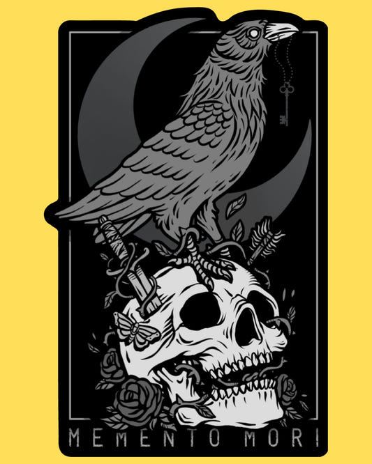 Vinyl sticker featuring a raven perched on a skull with roses, daggers and a crescent moon, Memento Mori text, gothic style
