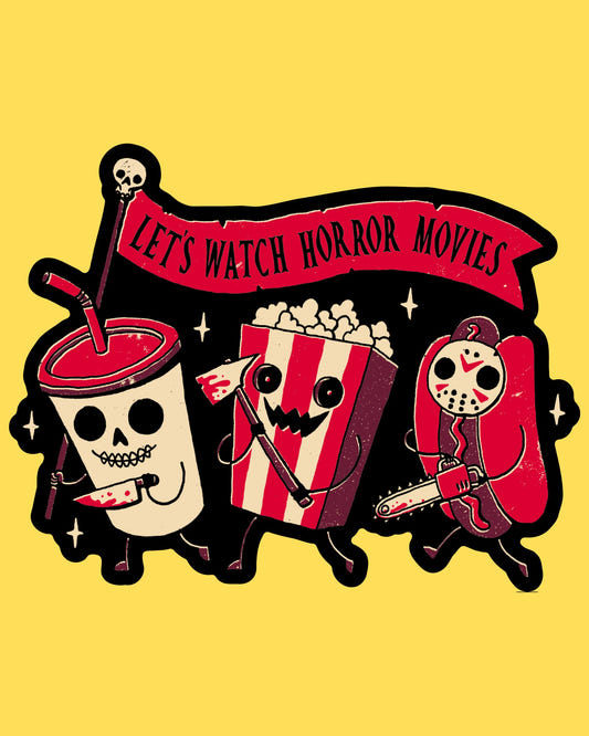 Vinyl sticker featuring slasher soda, popcorn, and hot dog characters with Let's Watch Horror Movies banner, retro style