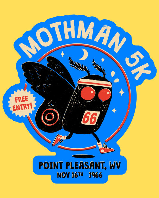 Bumper sticker featuring Mothman jogging in sweatband and sneakers, text Mothman 5K Point Pleasant WV Nov 16th 1966