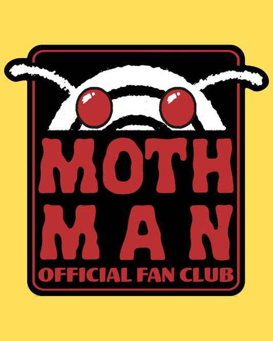 Bumper sticker featuring red-eyed Mothman peering over retro letters, text Mothman Official Fan Club