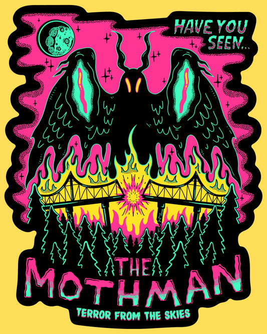 Vinyl sticker featuring Mothman looming over a burning bridge, Have You Seen The Mothman text, neon retro horror style