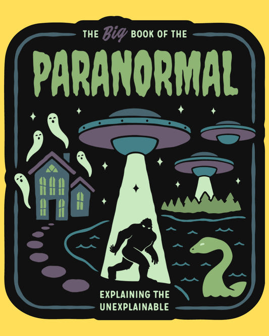 Vinyl sticker featuring a paranormal book cover with ghosts, UFO, Bigfoot and lake monster, retro occult style