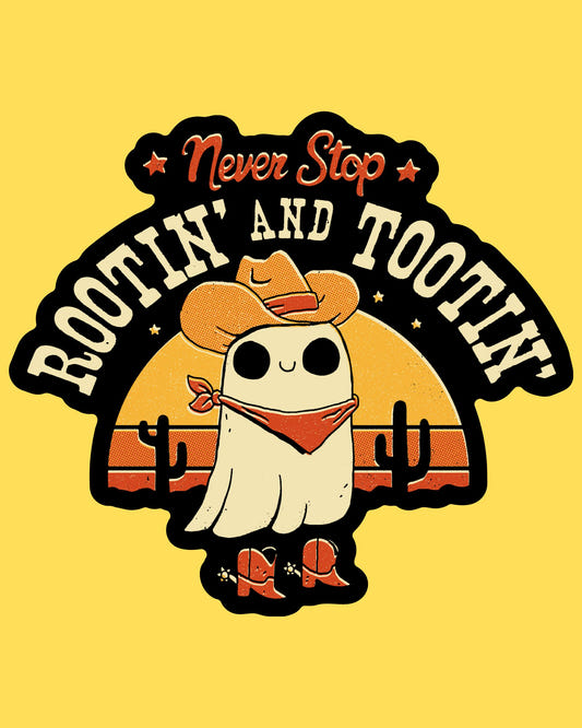 Vinyl sticker featuring a ghost in a cowboy hat and bandana against a desert sunset, text Never Stop Rootin' And Tootin'