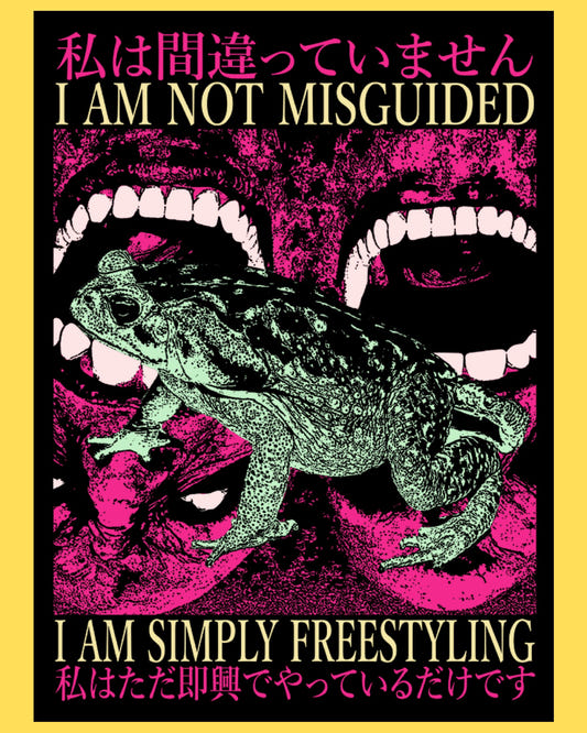 Vinyl sticker featuring a toad among screaming mouths with I Am Not Misguided, I Am Simply Freestyling text, punk art style