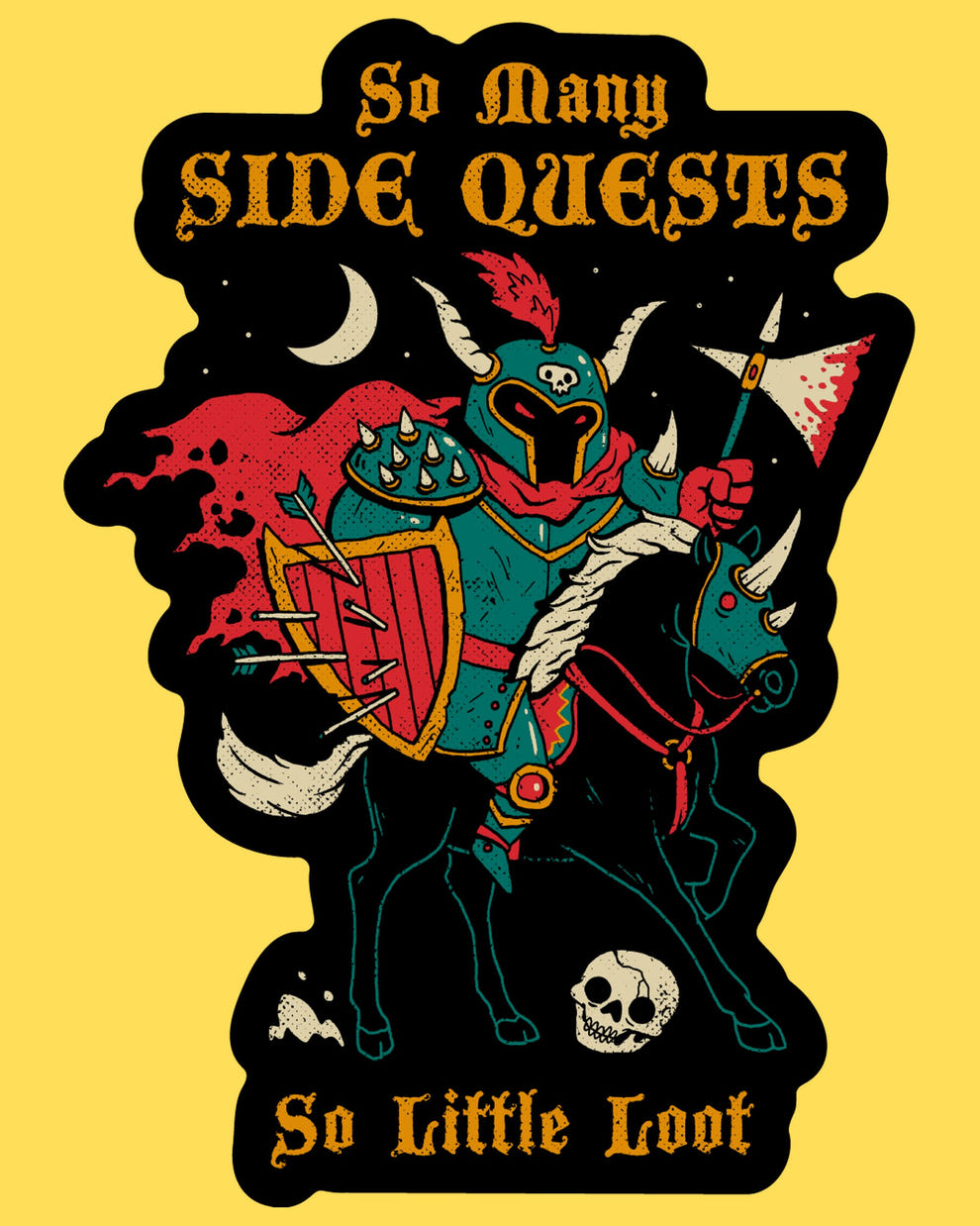 Vinyl sticker featuring a knight on horseback with So Many Side Quests, So Little Loot text, retro fantasy RPG style