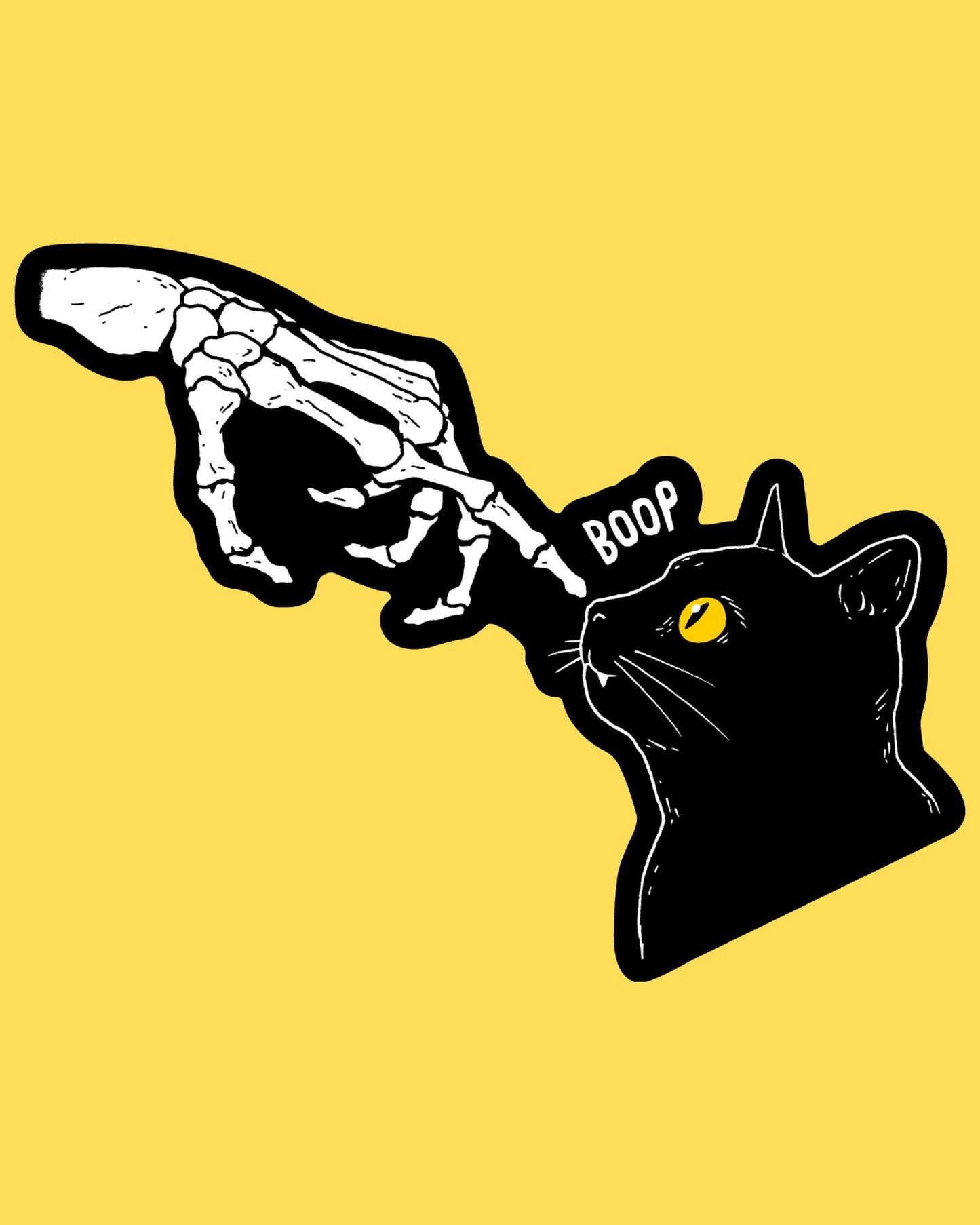 Vinyl sticker featuring a skeleton hand booping a black cat's nose with the word Boop, cute spooky black and white style