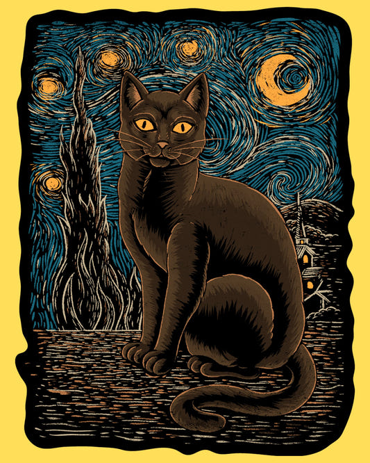 Vinyl sticker featuring a black cat sitting under a swirling Van Gogh starry night sky, woodcut art style