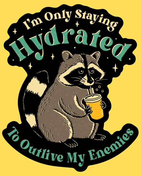 Vinyl sticker featuring a raccoon sipping a drink, staying hydrated to outlive its enemies, vintage cartoon style