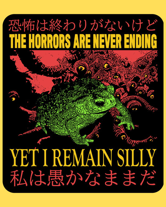 Vinyl sticker featuring a green frog among red eyeballs and Japanese text, yet I remain silly, neon horror poster style