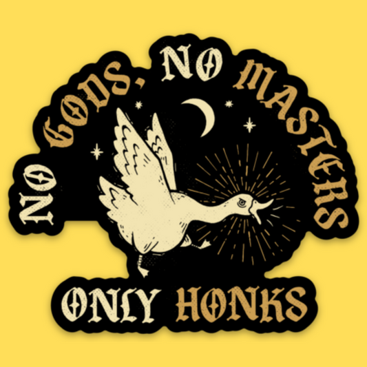 Vinyl sticker featuring a white dove with radiating wings against black circle on yellow background, text reads 'No Gods No