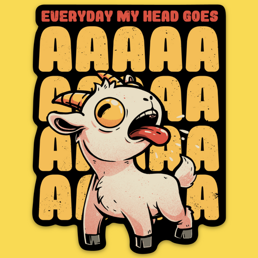 Vinyl sticker featuring a cartoon goat with one eye wide open, tongue out, against repeating 'AAAA' text background. Text