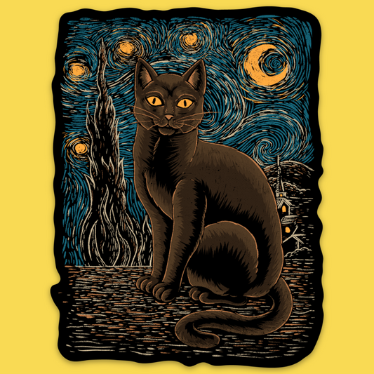 Vinyl sticker featuring a black cat with golden eyes sitting under a swirling starry night sky with cypress tree and church