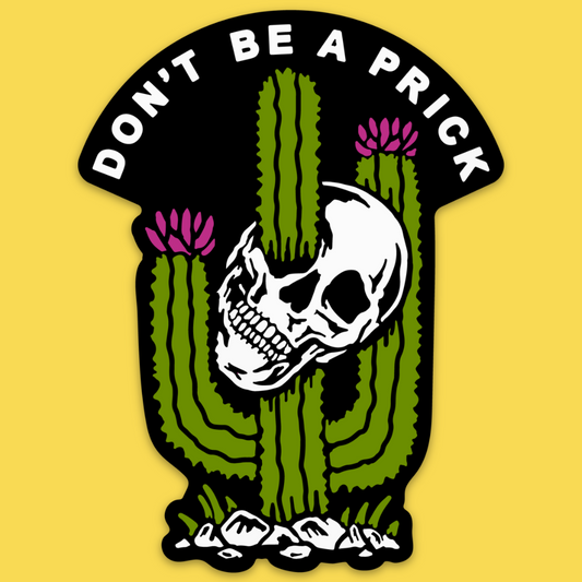 Vinyl sticker featuring a skull nestled in a green saguaro cactus with pink flowers against yellow background. Text reads
