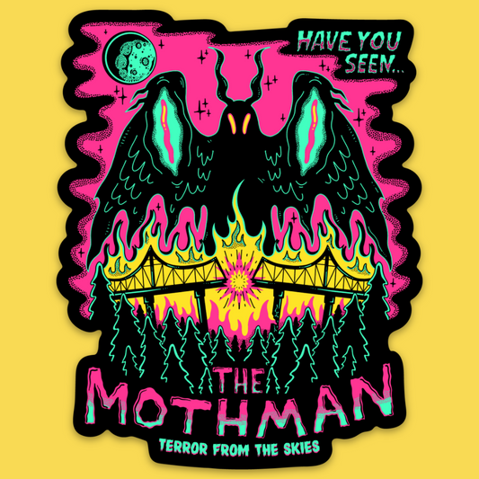 Vinyl sticker featuring neon Mothman creature with glowing eyes, burning bridge, and moon in psychedelic style. Text reads