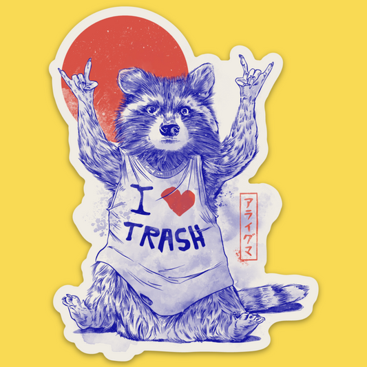Vinyl sticker featuring a blue pen-drawn raccoon in a tank top with 'I Love Trash' text, making rock hands gesture against a