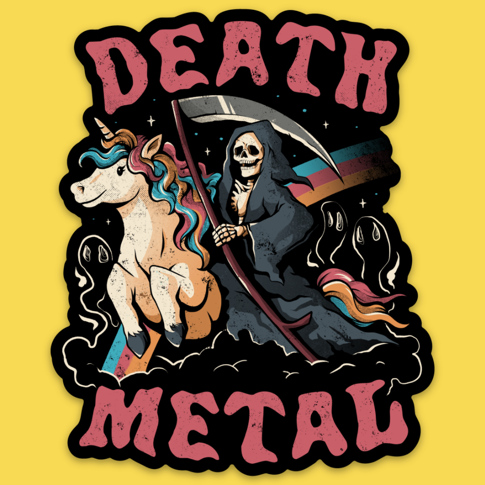Vinyl sticker with grim reaper on unicorn against black background, 'Death Metal' text in pink, yellow backdrop.