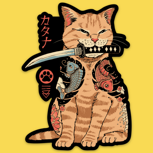 Vinyl sticker of tattooed cat holding sword with Japanese characters 'カタナ' on yellow background, anime art style.