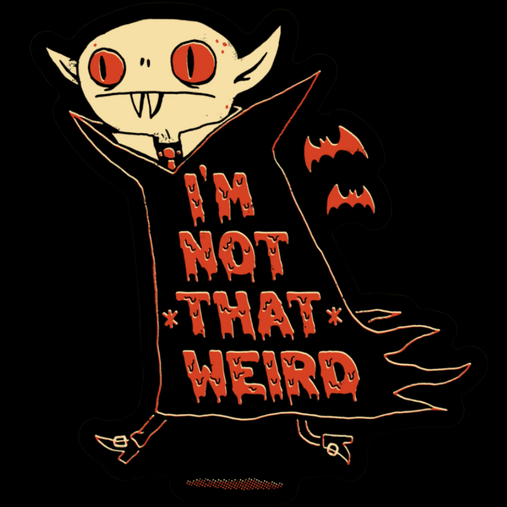 Black graphic tee featuring a pale vampire creature with red eyes and fangs holding a sign reading 'I'M NOT *THAT* WEIRD'