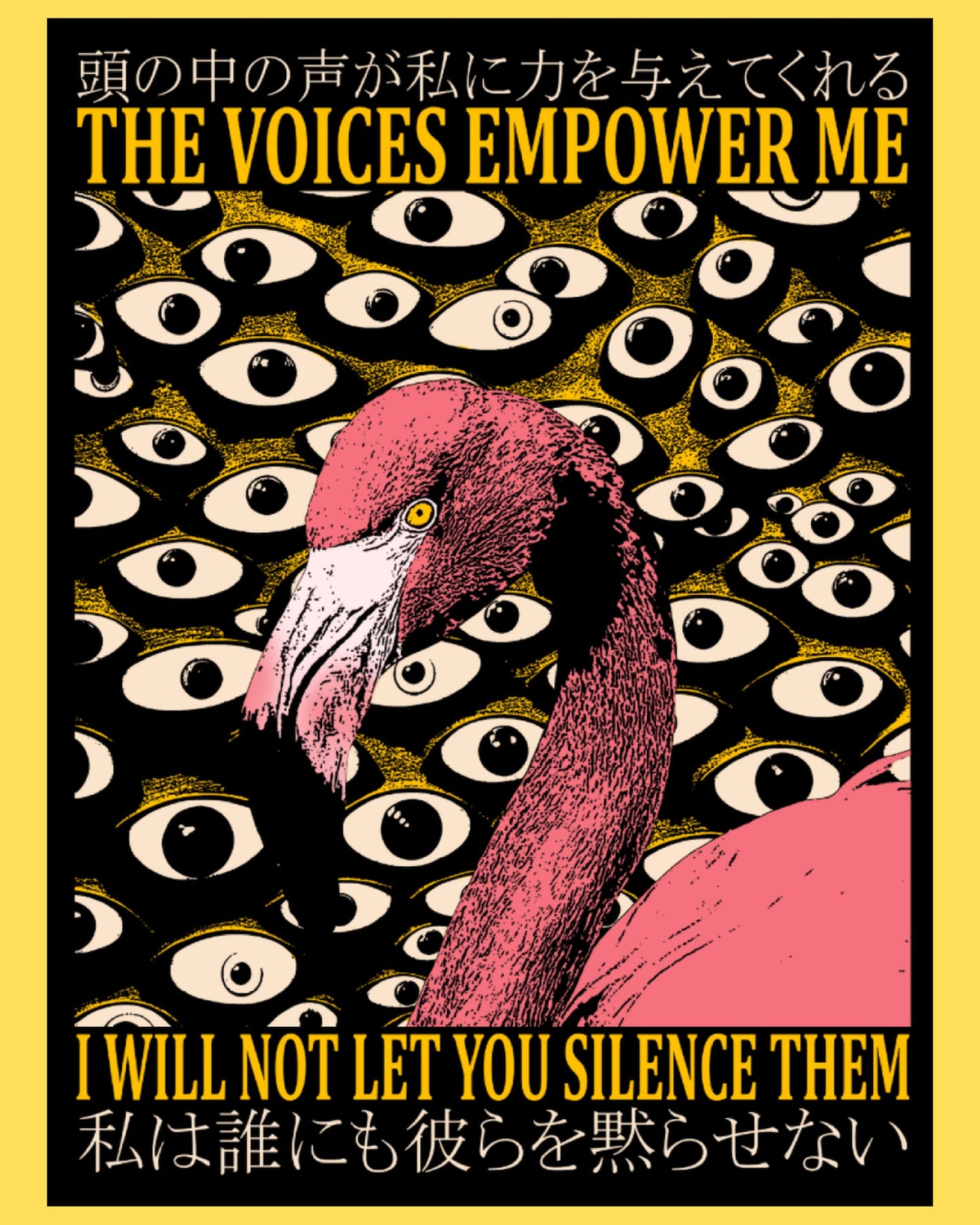 Vinyl sticker featuring a pink flamingo surrounded by staring eyes with The Voices Empower Me text, surreal horror style