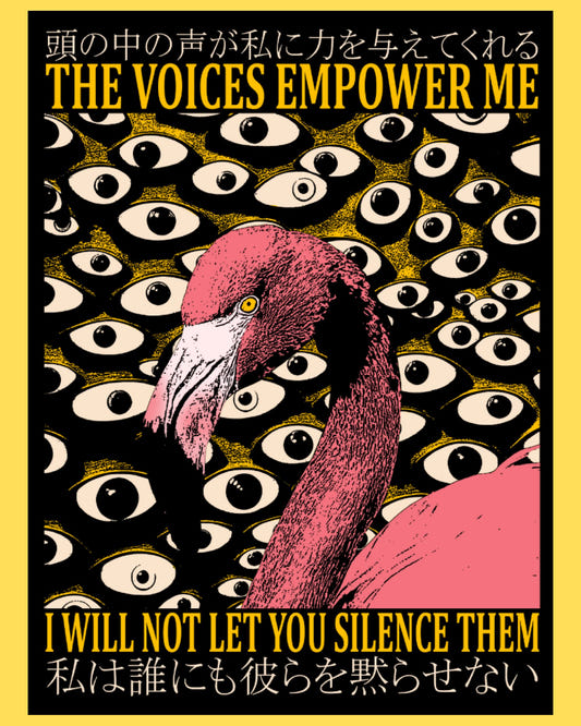 Vinyl sticker featuring a pink flamingo surrounded by staring eyes with The Voices Empower Me text, surreal horror style