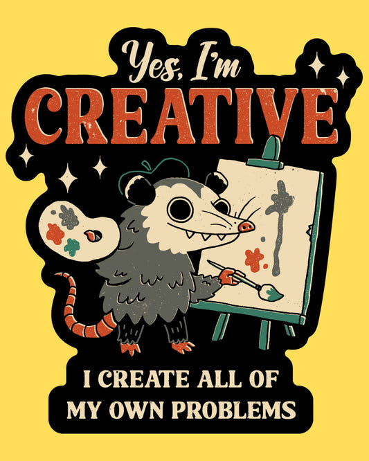 Vinyl sticker featuring an opossum in a beret painting at an easel, creating its own problems, retro cartoon style
