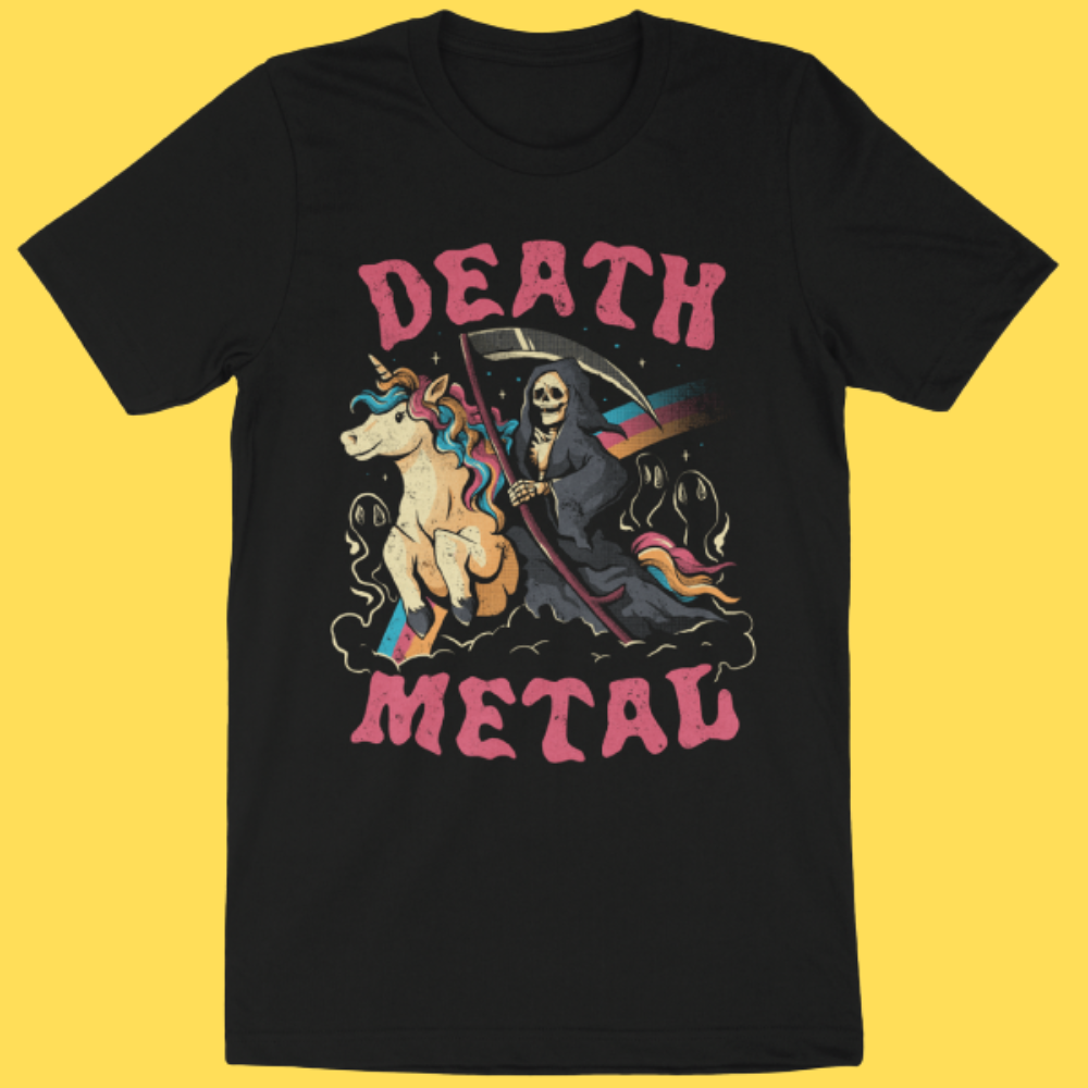 Black graphic tee featuring Death riding a unicorn with 'DEATH METAL' text in pink on black background.