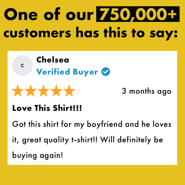 Black graphic tee with 'Dumpster Fire' text, humorous design, shown with verified 5-star customer review praising quality.