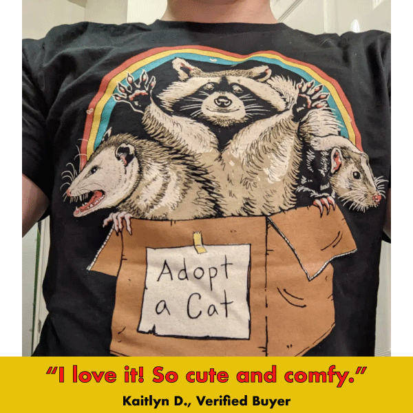 Black graphic tee featuring a raccoon, opossum, and rat in a cardboard box with rainbow above and 'Adopt a Cat' sign.