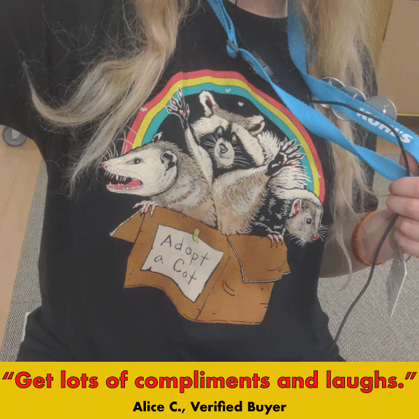 Black graphic tee featuring opossums in a cardboard box with rainbow, text 'Adopt a Cat'