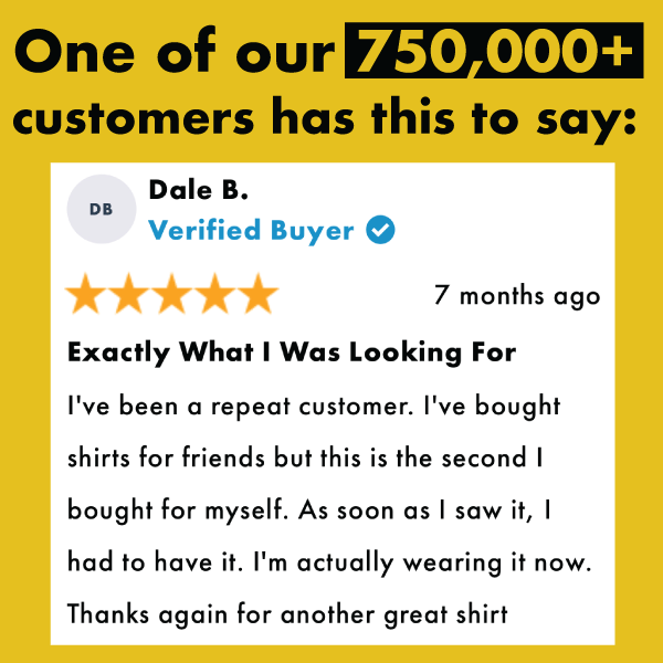 Black graphic tee featuring forbidden cats design with 5-star review from verified buyer Dale B praising quality and design.